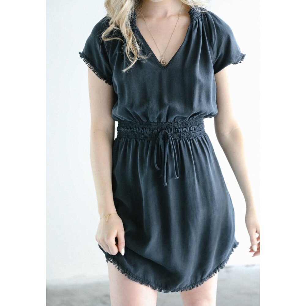 Bella Dahl Smocked Waist Mini Dress Navy XS Frayed Hem Minimalist Old Money
